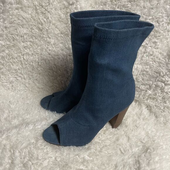 Melly Sexy Blue Stretch Denim High Heel Ankle Mid Calf Boots peep toe Size 10 - Picture 1 of 13
